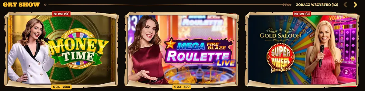 Polish casino lobby section “Gry show” showing three live game tiles: Money Time, Mega Fire Blaze Roulette Live, and Gold Saloon Super Wheel Game Show, with “Zobacz wszystko (42)” in the top-right.