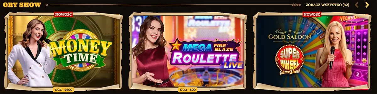 Polish casino lobby section “Gry show” showing three live game tiles: Money Time, Mega Fire Blaze Roulette Live, and Gold Saloon Super Wheel Game Show, with “Zobacz wszystko (42)” in the top-right.