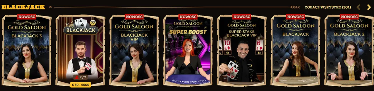 Polish casino lobby “Blackjack” row with multiple live blackjack tiles (Gold Saloon Blackjack, Blackjack VIP, Ruby Blackjack, Super Boost, and Blackjack 2/3), “Zobacz wszystko (301)” shown top-right.