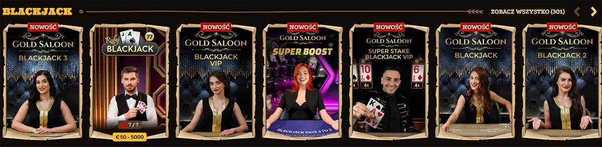 Polish casino lobby “Blackjack” row with multiple live blackjack tiles (Gold Saloon Blackjack, Blackjack VIP, Ruby Blackjack, Super Boost, and Blackjack 2/3), “Zobacz wszystko (301)” shown top-right.